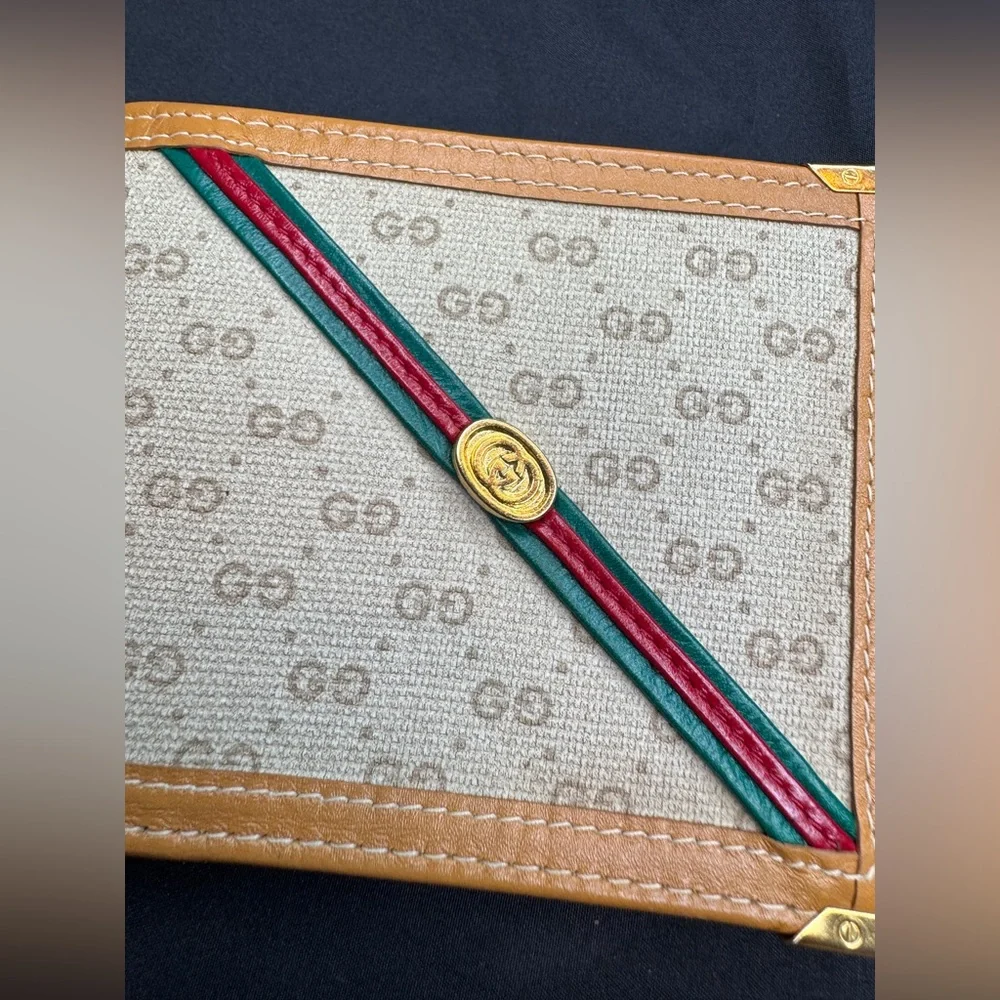 Gucci Rare Canvas and Tan Leather Bifold Wallet with Red-Green Web and Gold GG